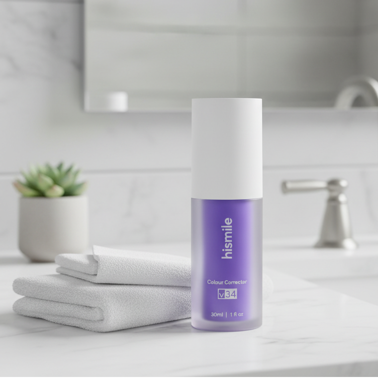 Bottle of 'hismile' product on a bathroom counter with a mirror and sink in the background.